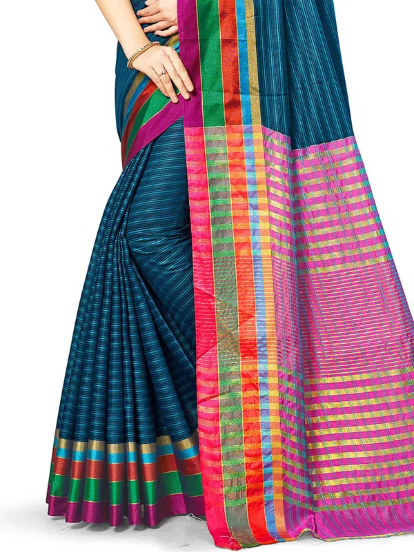 Dark_Blue_Cotton_Silk_Premium_&_Elegant_Saree_Saree_With_Blouse_Piece_For_Women