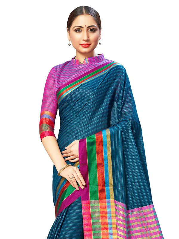 Dark_Blue_Cotton_Silk_Premium_&_Elegant_Saree_Saree_With_Blouse_Piece_For_Women
