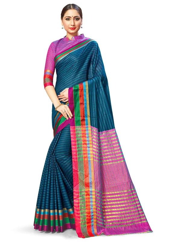Dark_Blue_Cotton_Silk_Premium_&_Elegant_Saree_Saree_With_Blouse_Piece_For_Women