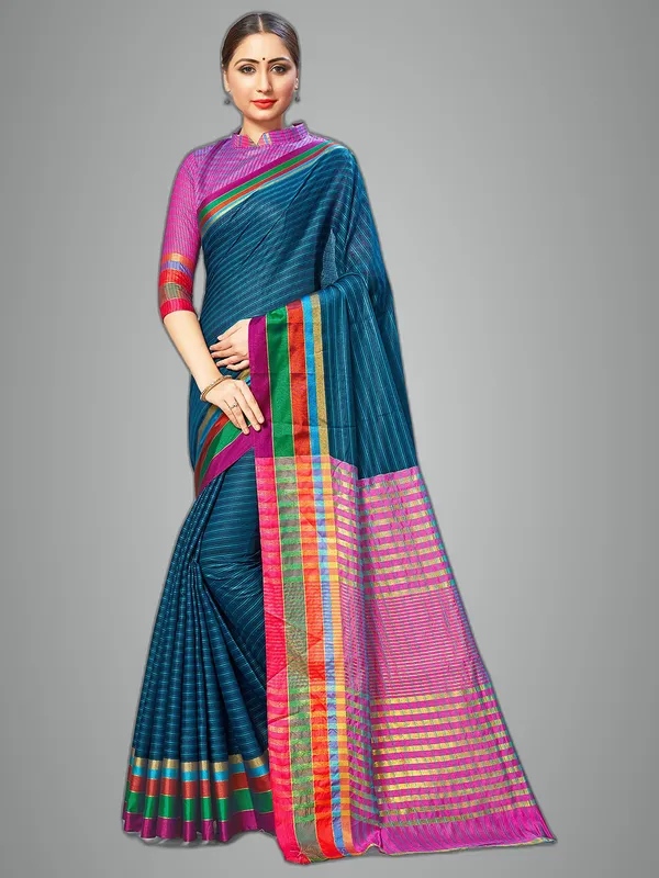 Dark_Blue_Cotton_Silk_Premium_&_Elegant_Saree_Saree_With_Blouse_Piece_For_Women