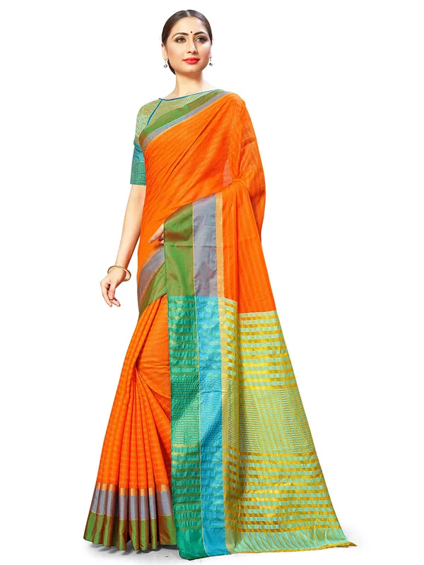 Orange_Cotton_Silk_Premium_&_Elegant_Saree_Saree_With_Blouse_Piece_For_Women