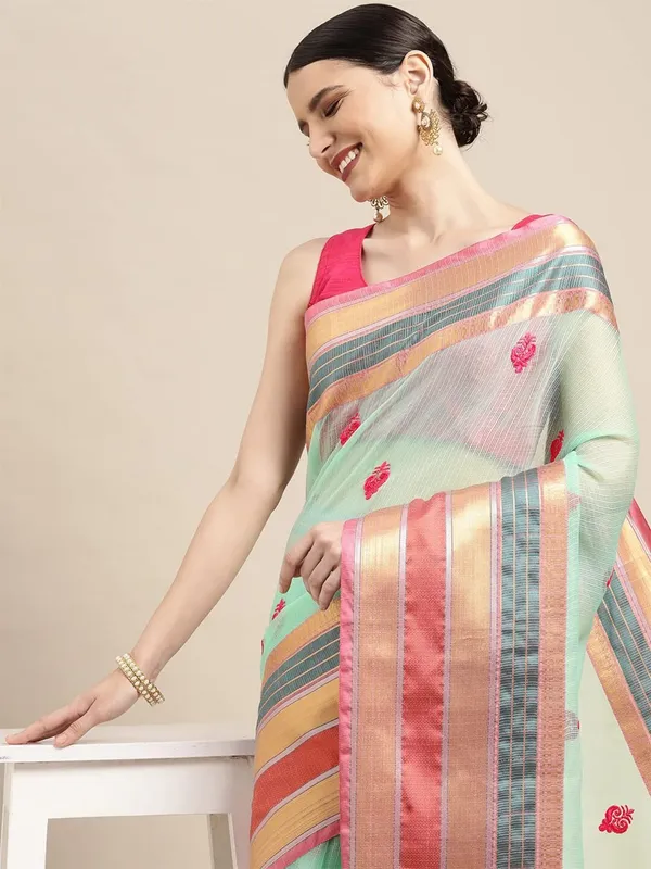 Blue_Cotton_Silk_Premium_&_Elegant_(_Jacquard_Thread_Work_)_Kota_Doria_Banarasi_Saree_With_Blouse_Piece_For_Women