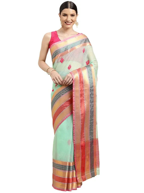 Blue_Cotton_Silk_Premium_&_Elegant_(_Jacquard_Thread_Work_)_Kota_Doria_Banarasi_Saree_With_Blouse_Piece_For_Women