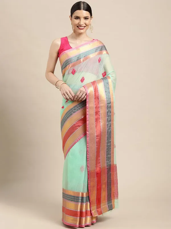 Blue_Cotton_Silk_Premium_&_Elegant_(_Jacquard_Thread_Work_)_Kota_Doria_Banarasi_Saree_With_Blouse_Piece_For_Women