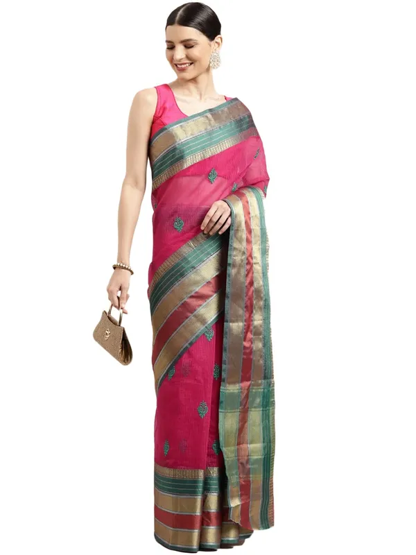Pink_Cotton_Silk_Premium_&_Elegant_(_Jacquard_Thread_Work_)_Kota_Doria_Banarasi_Saree_With_Blouse_Piece_For_Women