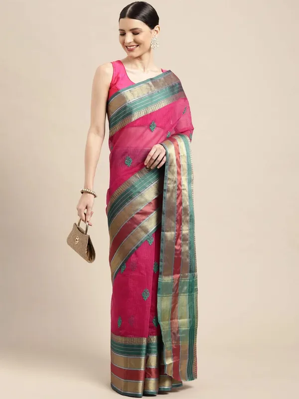 Pink_Cotton_Silk_Premium_&_Elegant_(_Jacquard_Thread_Work_)_Kota_Doria_Banarasi_Saree_With_Blouse_Piece_For_Women