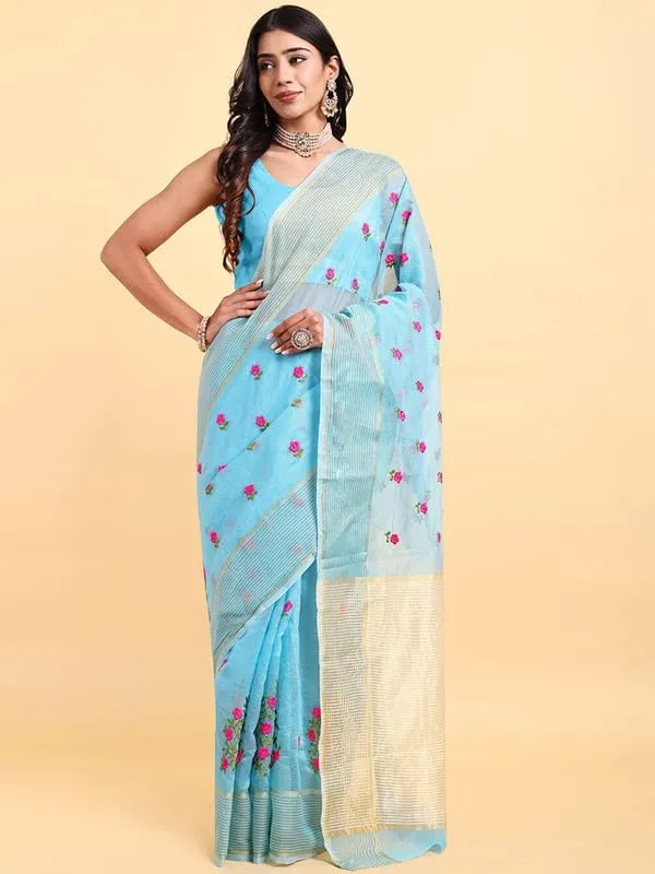 Blue_Super_Net_Premium_&_Elegant_(_Embroidered_Floral_Thread_Work,_Ethnic_Motifs,_Zari_Strip_Border_&_Pallu_)_Saree_Saree_With_Blouse_Piece_For_Women