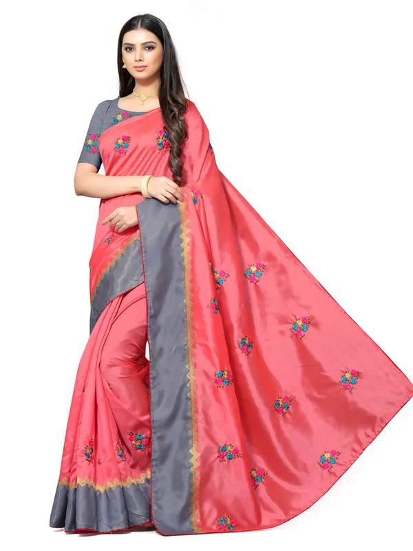 Peach_Silk_Premium_&_Elegant_(_Embroidery_Border_Lace_Work_)_Saree_Saree_With_Blouse_Piece_For_Women