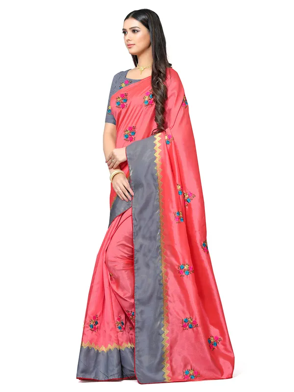 Peach_Silk_Premium_&_Elegant_(_Embroidery_Border_Lace_Work_)_Saree_Saree_With_Blouse_Piece_For_Women