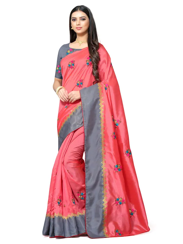 Peach_Silk_Premium_&_Elegant_(_Embroidery_Border_Lace_Work_)_Saree_Saree_With_Blouse_Piece_For_Women