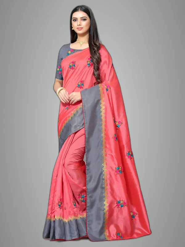 Peach_Silk_Premium_&_Elegant_(_Embroidery_Border_Lace_Work_)_Saree_Saree_With_Blouse_Piece_For_Women