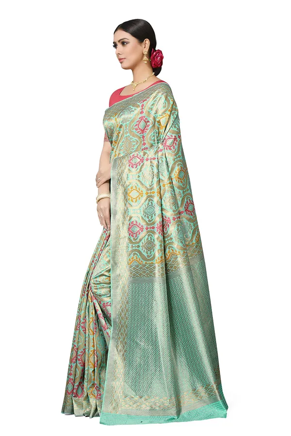 Sea_Green_Poly_Silk_Jacquard_Premium_&_Elegant_Banarasi_Patola_Saree_With_Blouse_Piece_For_Women