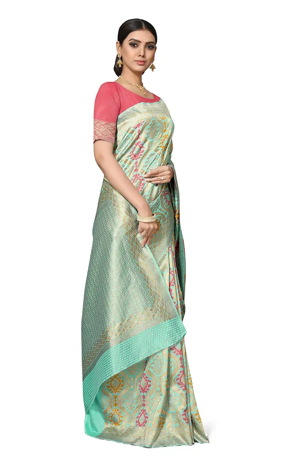 Sea_Green_Poly_Silk_Jacquard_Premium_&_Elegant_Banarasi_Patola_Saree_With_Blouse_Piece_For_Women