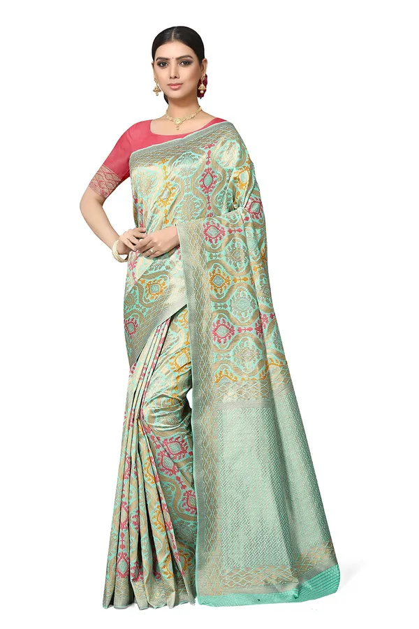 Sea_Green_Poly_Silk_Jacquard_Premium_&_Elegant_Banarasi_Patola_Saree_With_Blouse_Piece_For_Women