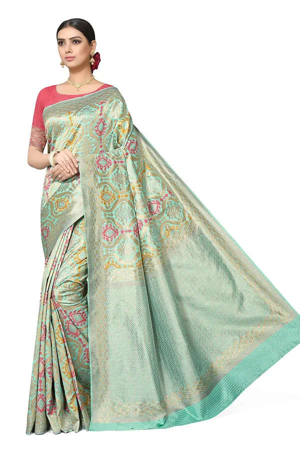 Sea_Green_Poly_Silk_Jacquard_Premium_&_Elegant_Banarasi_Patola_Saree_With_Blouse_Piece_For_Women