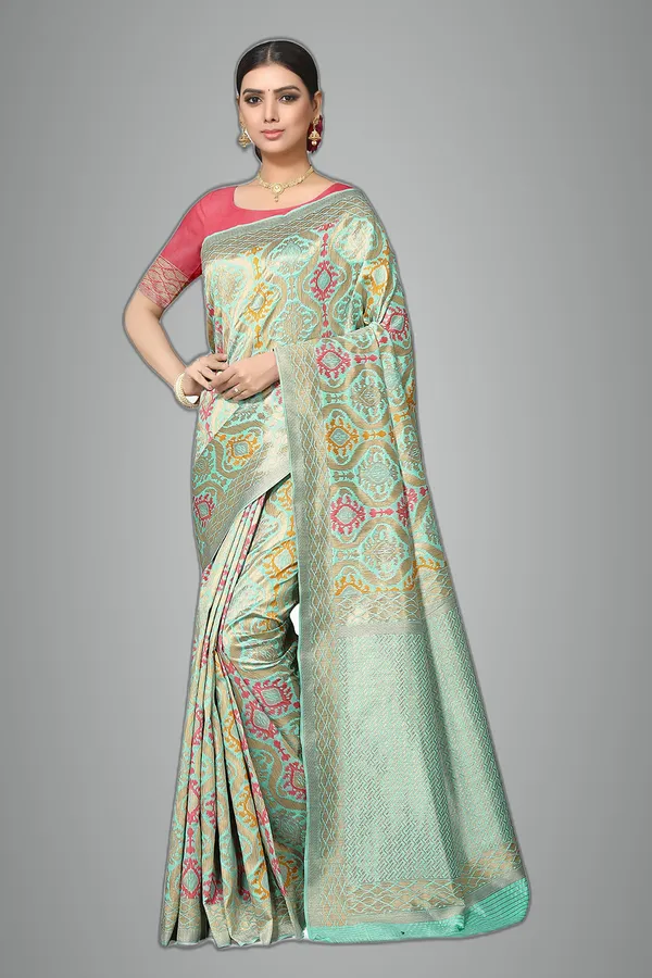 Sea_Green_Poly_Silk_Jacquard_Premium_&_Elegant_Banarasi_Patola_Saree_With_Blouse_Piece_For_Women