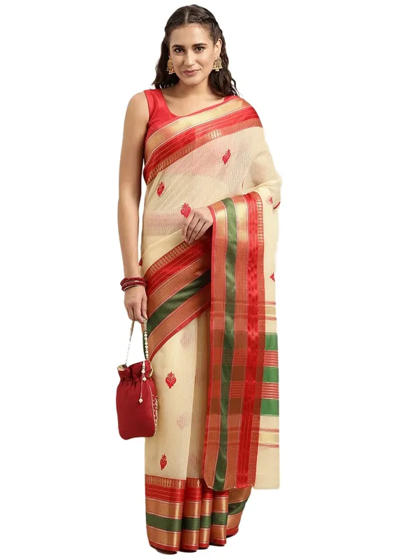 Off_White_Cotton_Silk_Premium_&_Elegant_(_Jacquard_Thread_Work_)_Kota_Doria_Banarasi_Saree_With_Blouse_Piece_For_Women