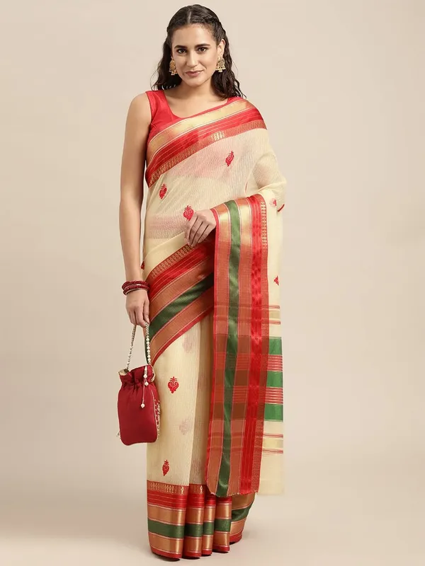 Off_White_Cotton_Silk_Premium_&_Elegant_(_Jacquard_Thread_Work_)_Kota_Doria_Banarasi_Saree_With_Blouse_Piece_For_Women