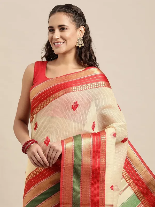 Off_White_Cotton_Silk_Premium_&_Elegant_(_Jacquard_Thread_Work_)_Kota_Doria_Banarasi_Saree_With_Blouse_Piece_For_Women