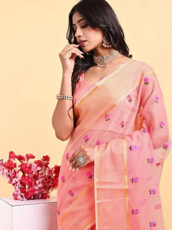 Peach_Super_Net_Premium_&_Elegant_(_Embroidered_Floral_Thread_Work,_Ethnic_Motifs,_Zari_Strip_Border_&_Pallu_)_Saree_Saree_With_Blouse_Piece_For_Women