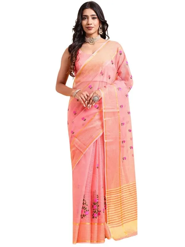 Peach_Super_Net_Premium_&_Elegant_(_Embroidered_Floral_Thread_Work,_Ethnic_Motifs,_Zari_Strip_Border_&_Pallu_)_Saree_Saree_With_Blouse_Piece_For_Women
