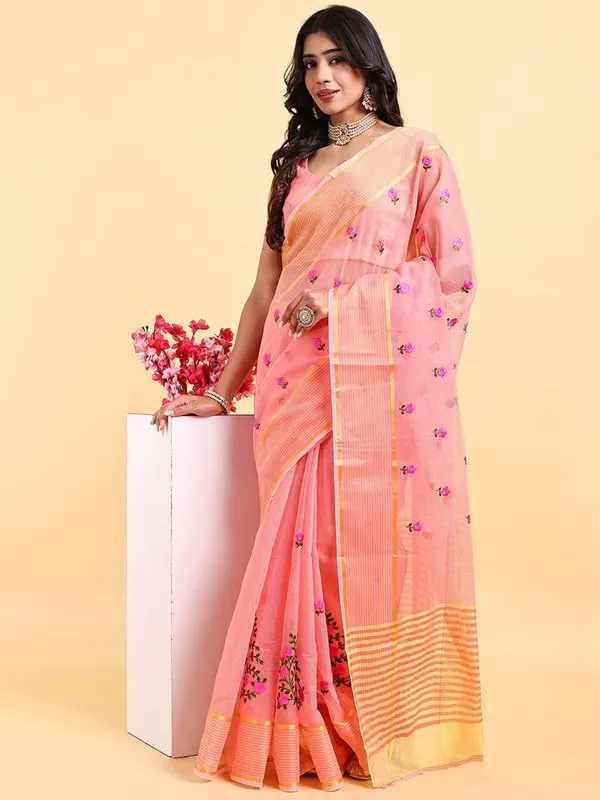 Peach_Super_Net_Premium_&_Elegant_(_Embroidered_Floral_Thread_Work,_Ethnic_Motifs,_Zari_Strip_Border_&_Pallu_)_Saree_Saree_With_Blouse_Piece_For_Women