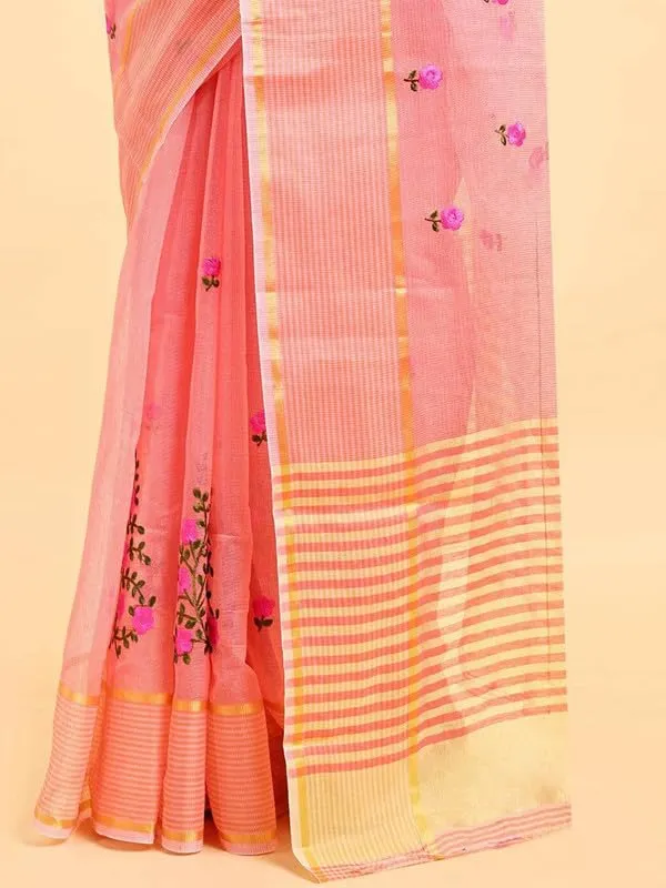 Peach_Super_Net_Premium_&_Elegant_(_Embroidered_Floral_Thread_Work,_Ethnic_Motifs,_Zari_Strip_Border_&_Pallu_)_Saree_Saree_With_Blouse_Piece_For_Women
