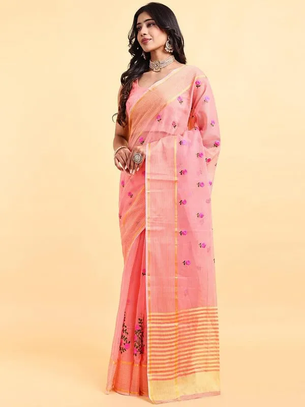 Peach_Super_Net_Premium_&_Elegant_(_Embroidered_Floral_Thread_Work,_Ethnic_Motifs,_Zari_Strip_Border_&_Pallu_)_Saree_Saree_With_Blouse_Piece_For_Women