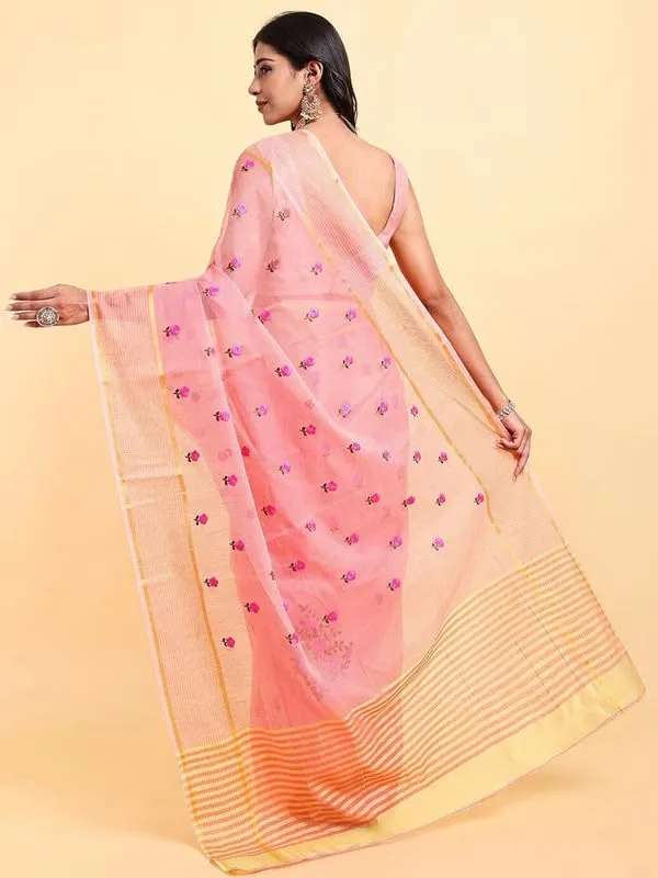 Peach_Super_Net_Premium_&_Elegant_(_Embroidered_Floral_Thread_Work,_Ethnic_Motifs,_Zari_Strip_Border_&_Pallu_)_Saree_Saree_With_Blouse_Piece_For_Women