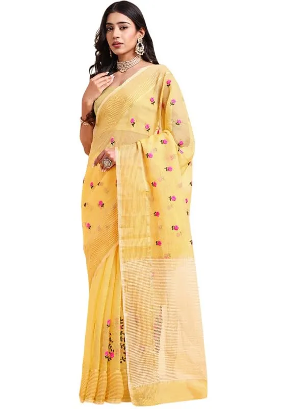 Yellow_Super_Net_Premium_&_Elegant_(_Embroidered_Floral_Thread_Work,_Ethnic_Motifs,_Zari_Strip_Border_&_Pallu_)_Saree_Saree_With_Blouse_Piece_For_Women