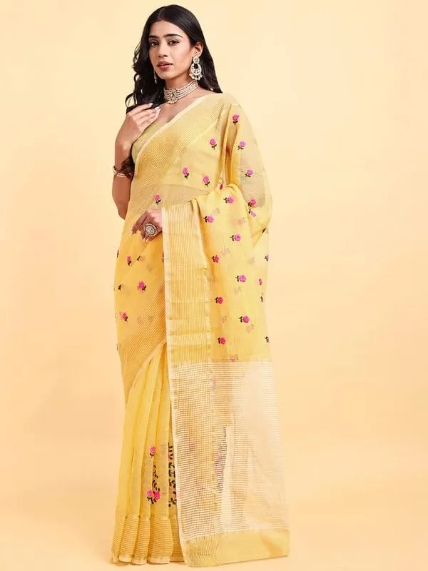 Yellow_Super_Net_Premium_&_Elegant_(_Embroidered_Floral_Thread_Work,_Ethnic_Motifs,_Zari_Strip_Border_&_Pallu_)_Saree_Saree_With_Blouse_Piece_For_Women