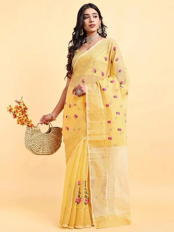 Yellow_Super_Net_Premium_&_Elegant_(_Embroidered_Floral_Thread_Work,_Ethnic_Motifs,_Zari_Strip_Border_&_Pallu_)_Saree_Saree_With_Blouse_Piece_For_Women