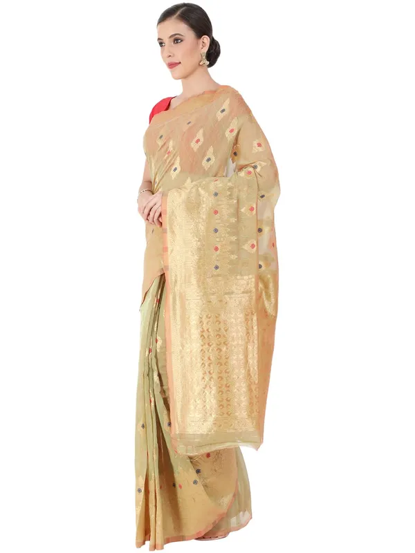 Light_Beige_Polyester_Silk_Jacquard_Premium_&_Elegant_(_Zari_Border_)_Banarasi_Plain_Border_Saree_With_Blouse_Piece_For_Women