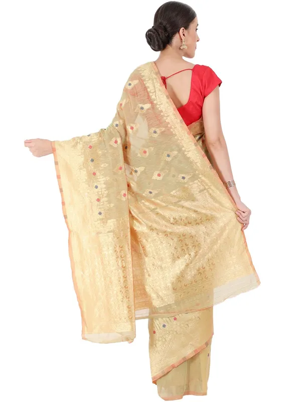 Light_Beige_Polyester_Silk_Jacquard_Premium_&_Elegant_(_Zari_Border_)_Banarasi_Plain_Border_Saree_With_Blouse_Piece_For_Women