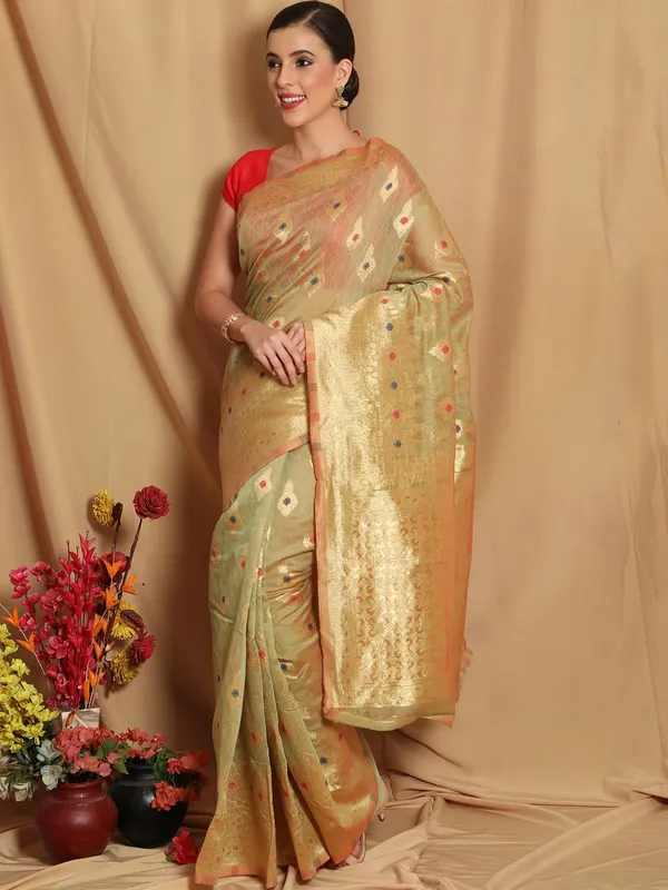 Light_Beige_Polyester_Silk_Jacquard_Premium_&_Elegant_(_Zari_Border_)_Banarasi_Plain_Border_Saree_With_Blouse_Piece_For_Women