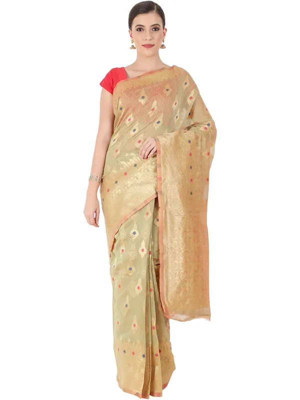 Light_Beige_Polyester_Silk_Jacquard_Premium_&_Elegant_(_Zari_Border_)_Banarasi_Plain_Border_Saree_With_Blouse_Piece_For_Women