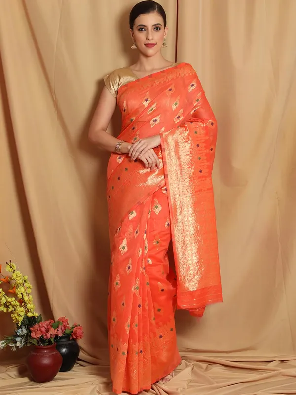 Pastel_Orange_Polyester_Silk_Jacquard_Premium_&_Elegant_(_Zari_Border_)_Banarasi_Plain_Border_Saree_With_Blouse_Piece_For_Women