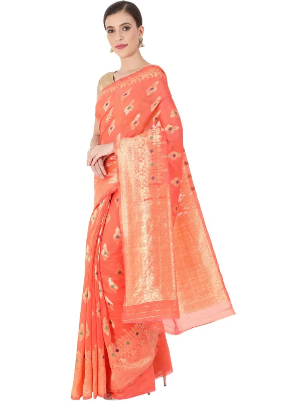 Pastel_Orange_Polyester_Silk_Jacquard_Premium_&_Elegant_(_Zari_Border_)_Banarasi_Plain_Border_Saree_With_Blouse_Piece_For_Women