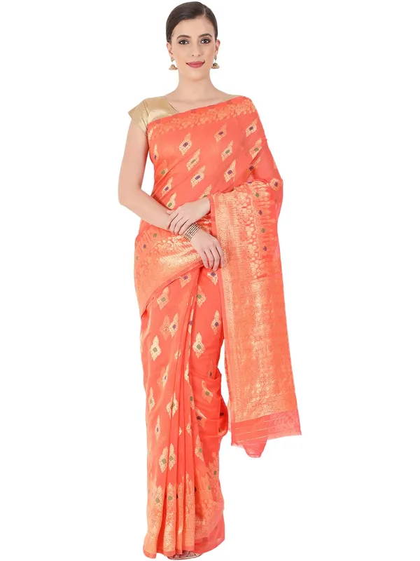 Pastel_Orange_Polyester_Silk_Jacquard_Premium_&_Elegant_(_Zari_Border_)_Banarasi_Plain_Border_Saree_With_Blouse_Piece_For_Women