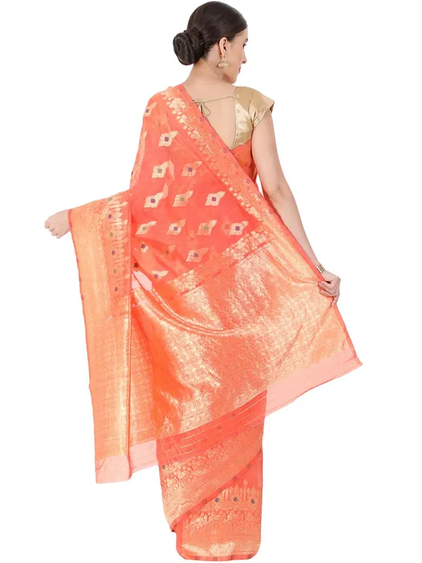 Pastel_Orange_Polyester_Silk_Jacquard_Premium_&_Elegant_(_Zari_Border_)_Banarasi_Plain_Border_Saree_With_Blouse_Piece_For_Women