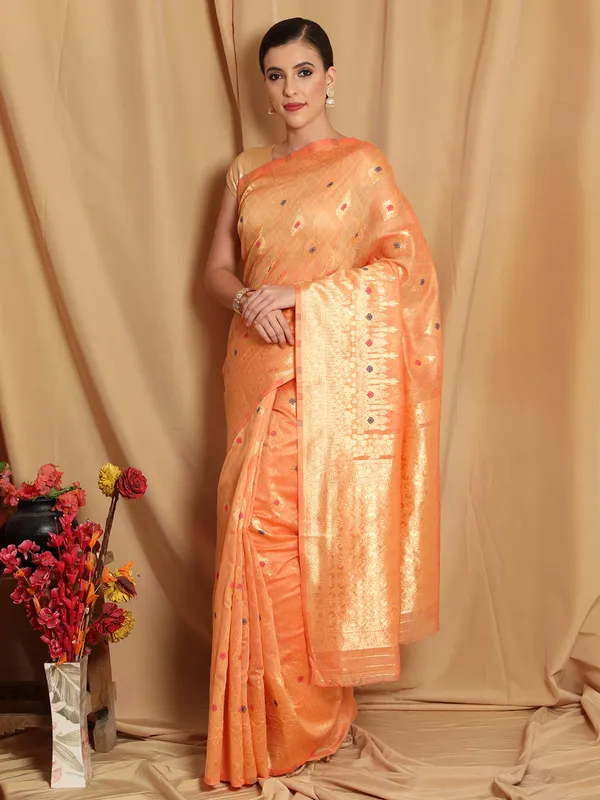 Peach_Polyester_Silk_Jacquard_Premium_&_Elegant_(_Zari_Border_)_Banarasi_Plain_Border_Saree_With_Blouse_Piece_For_Women