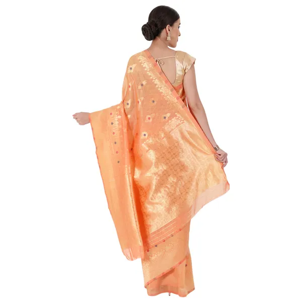 Peach_Polyester_Silk_Jacquard_Premium_&_Elegant_(_Zari_Border_)_Banarasi_Plain_Border_Saree_With_Blouse_Piece_For_Women