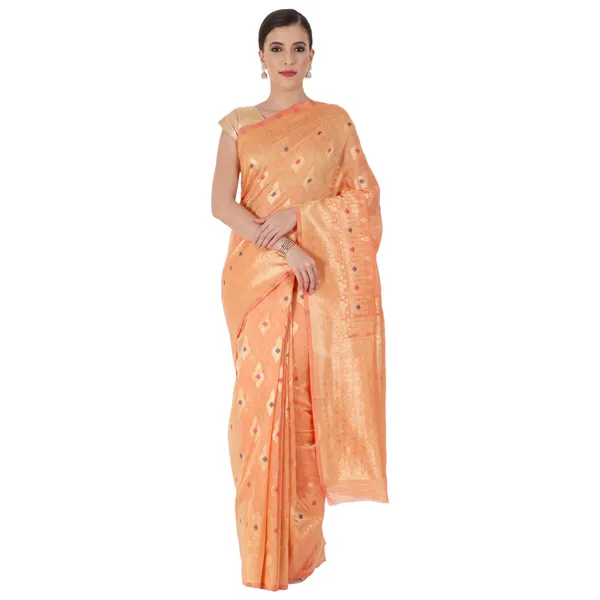 Peach_Polyester_Silk_Jacquard_Premium_&_Elegant_(_Zari_Border_)_Banarasi_Plain_Border_Saree_With_Blouse_Piece_For_Women