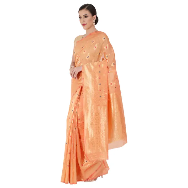 Peach_Polyester_Silk_Jacquard_Premium_&_Elegant_(_Zari_Border_)_Banarasi_Plain_Border_Saree_With_Blouse_Piece_For_Women
