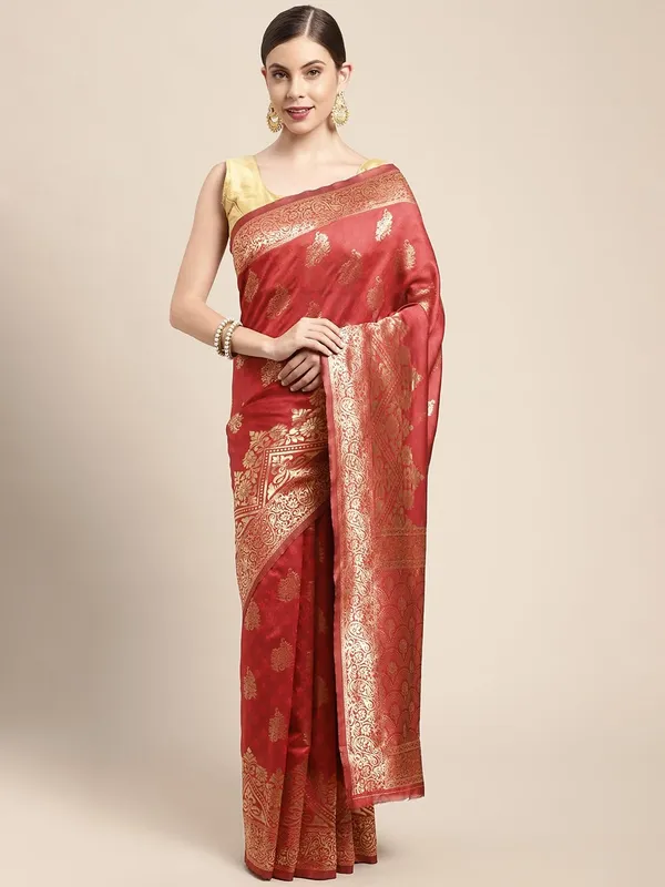 Red_Polyester_Silk_Jacquard_Premium_&_Elegant_(_Zari_Border_)_Banarasi_Plain_Border_Saree_With_Blouse_Piece_For_Women