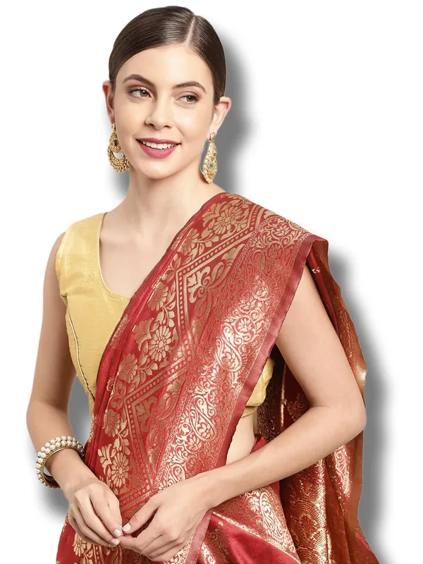 Red_Polyester_Silk_Jacquard_Premium_&_Elegant_(_Zari_Border_)_Banarasi_Plain_Border_Saree_With_Blouse_Piece_For_Women
