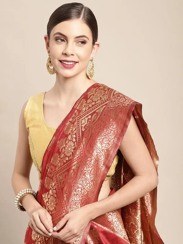 Red_Polyester_Silk_Jacquard_Premium_&_Elegant_(_Zari_Border_)_Banarasi_Plain_Border_Saree_With_Blouse_Piece_For_Women