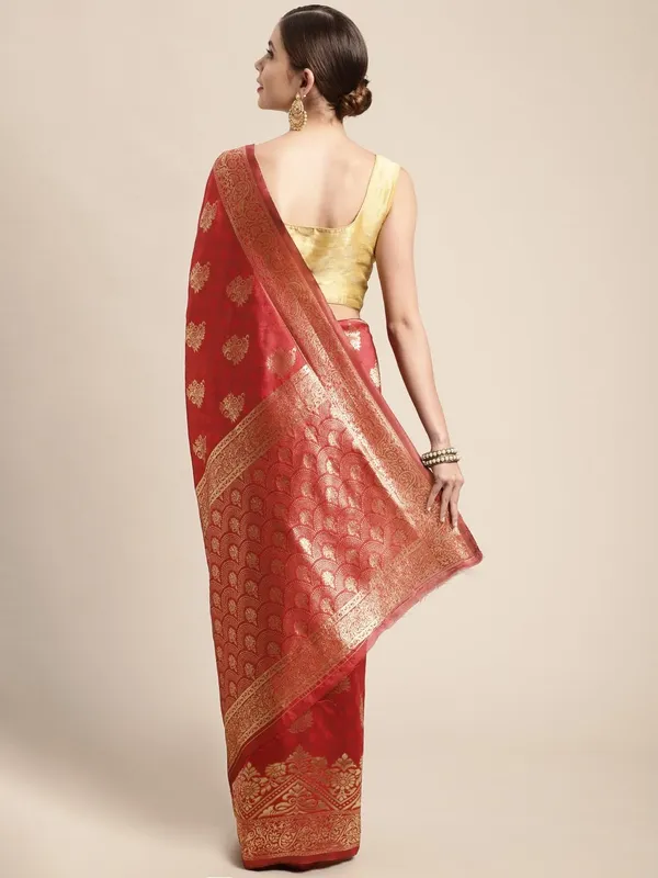 Red_Polyester_Silk_Jacquard_Premium_&_Elegant_(_Zari_Border_)_Banarasi_Plain_Border_Saree_With_Blouse_Piece_For_Women