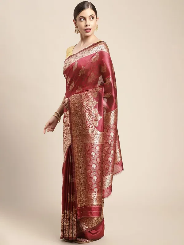 Maroon_Polyester_Silk_Jacquard_Premium_&_Elegant_(_Zari_Border_)_Banarasi_Plain_Border_Saree_With_Blouse_Piece_For_Women