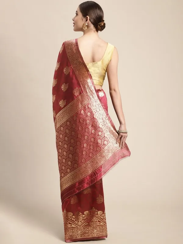 Maroon_Polyester_Silk_Jacquard_Premium_&_Elegant_(_Zari_Border_)_Banarasi_Plain_Border_Saree_With_Blouse_Piece_For_Women